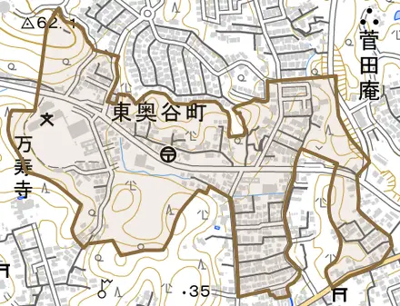 東奥谷町とその周辺の地図。町の範囲を重ねている