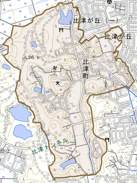 比津町とその周辺の地図。町の範囲を重ねている