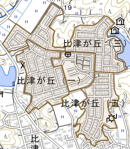 比津が丘とその周辺の地図。町の範囲を重ねている