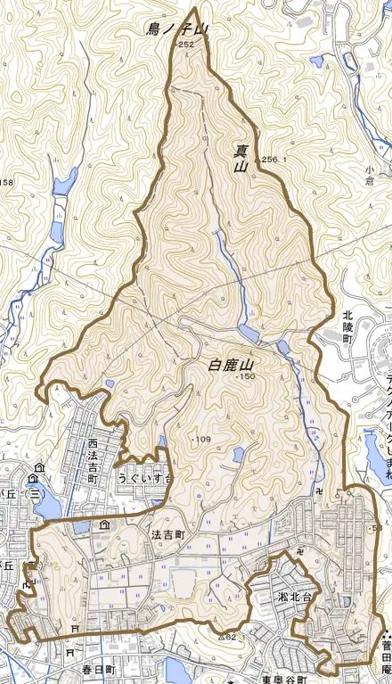 法吉町とその周辺の地図。町の範囲を重ねている