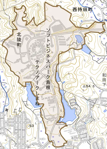北陵町とその周辺の地図。町の範囲を重ねている