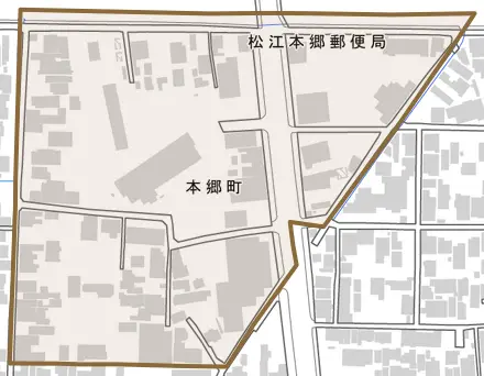 本郷町とその周辺の地図。町の範囲を重ねている