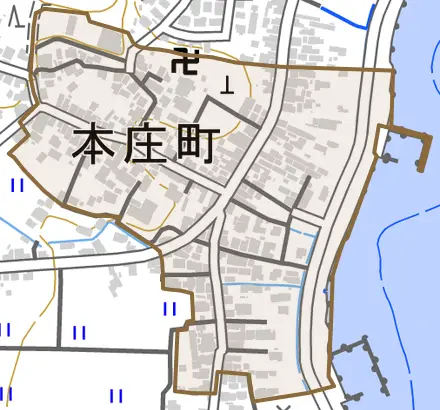 本庄町とその周辺の地図。町の範囲を重ねている
