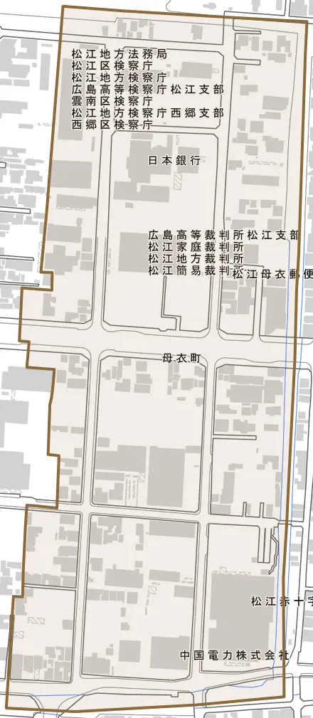 母衣町とその周辺の地図。町の範囲を重ねている