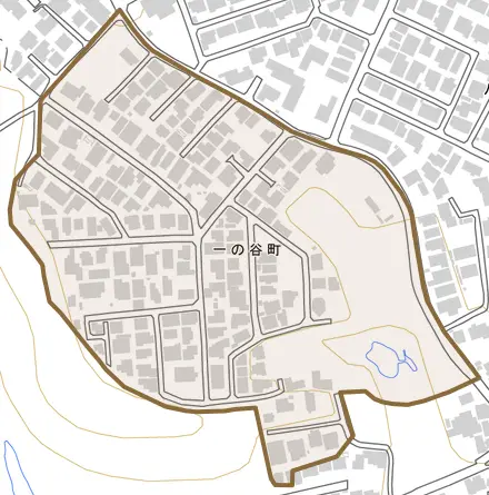 一の谷町とその周辺の地図。町の範囲を重ねている