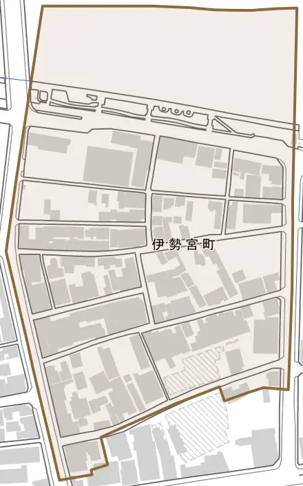伊勢宮町とその周辺の地図。町の範囲を重ねている