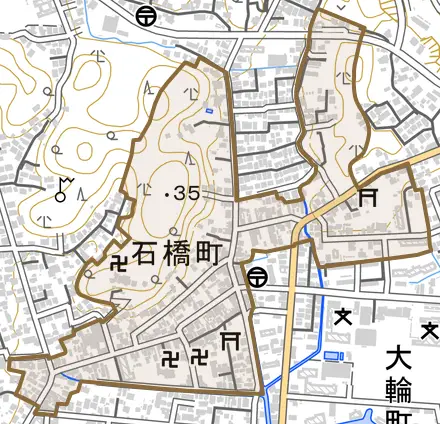 石橋町とその周辺の地図。町の範囲を重ねている