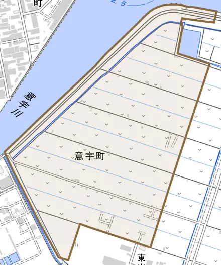 意宇町とその周辺の地図。町の範囲を重ねている
