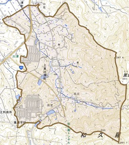 上東川津町とその周辺の地図。町の範囲を重ねている