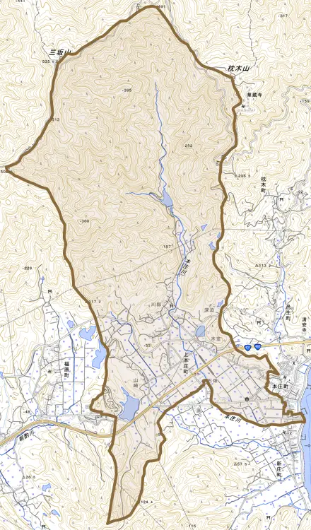 上本庄町とその周辺の地図。町の範囲を重ねている