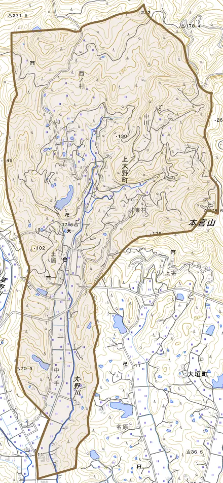 上大野町とその周辺の地図。町の範囲を重ねている