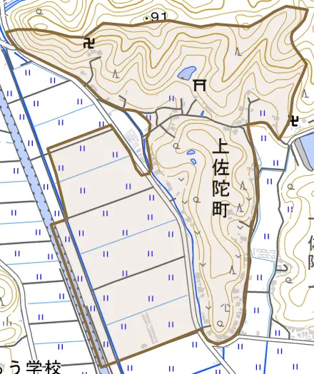 上佐陀町とその周辺の地図。町の範囲を重ねている