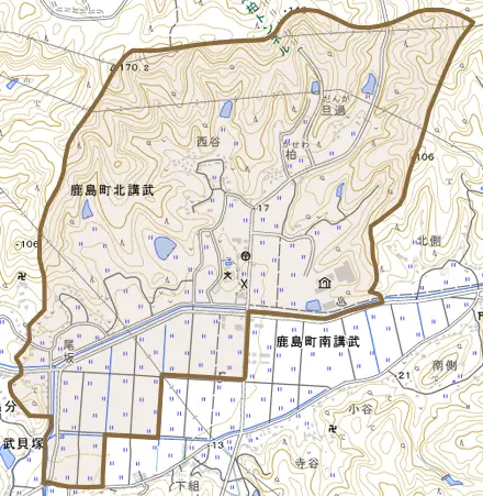 鹿島町北講武とその周辺の地図。町の範囲を重ねている