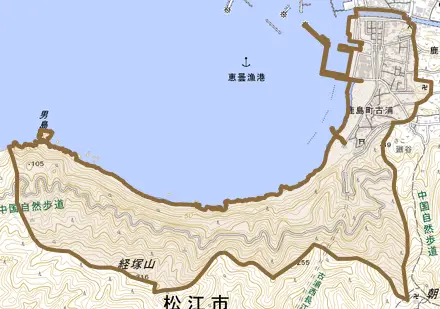鹿島町古浦とその周辺の地図。町の範囲を重ねている