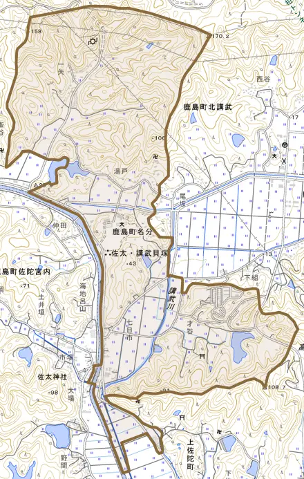 鹿島町名分とその周辺の地図。町の範囲を重ねている