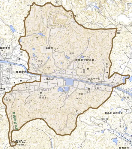 鹿島町佐陀本郷とその周辺の地図。町の範囲を重ねている