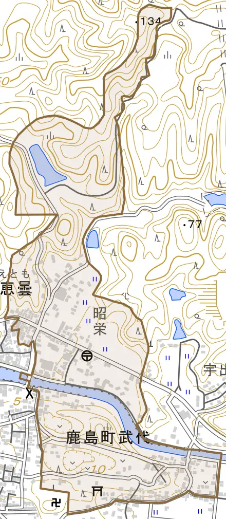 鹿島町武代とその周辺の地図。町の範囲を重ねている