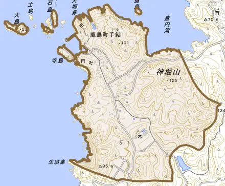 鹿島町手結とその周辺の地図。町の範囲を重ねている