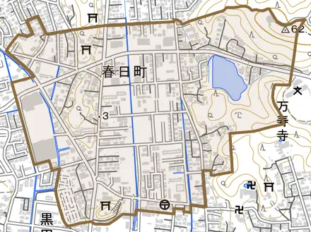 春日町とその周辺の地図。町の範囲を重ねている