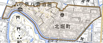 北堀町とその周辺の地図。町の範囲を重ねている