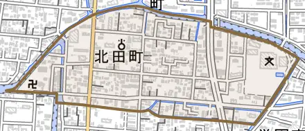 北田町とその周辺の地図。町の範囲を重ねている