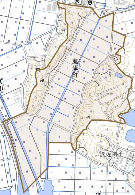 薦津町とその周辺の地図。町の範囲を重ねている