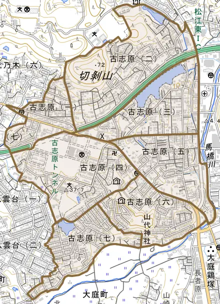 古志原とその周辺の地図。町の範囲を重ねている