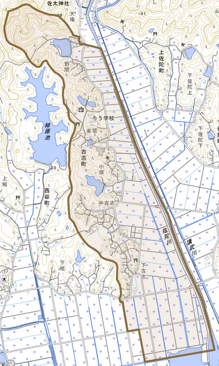 古志町とその周辺の地図。町の範囲を重ねている