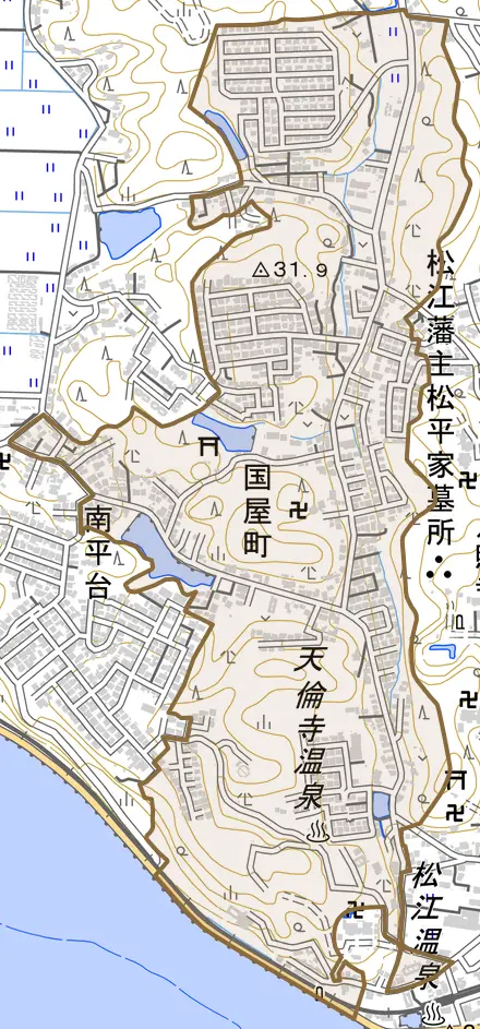 国屋町とその周辺の地図。町の範囲を重ねている