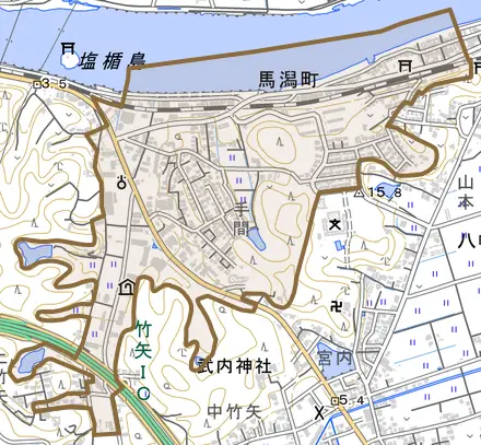 馬潟町とその周辺の地図。町の範囲を重ねている