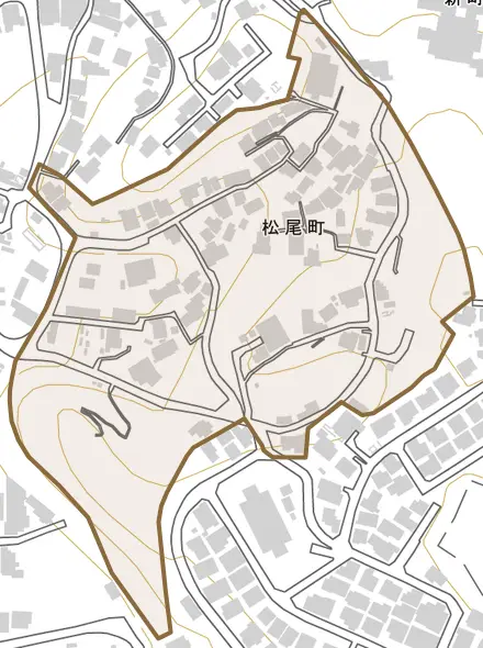 松尾町とその周辺の地図。町の範囲を重ねている