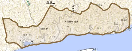 美保関町福浦とその周辺の地図。町の範囲を重ねている