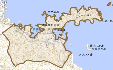 美保関町笠浦とその周辺の地図。町の範囲を重ねている