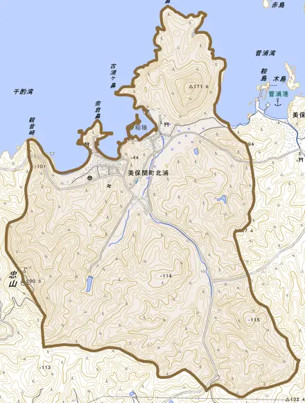 美保関町北浦とその周辺の地図。町の範囲を重ねている