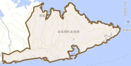 美保関町美保関とその周辺の地図。町の範囲を重ねている