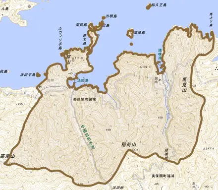 美保関町諸喰とその周辺の地図。町の範囲を重ねている