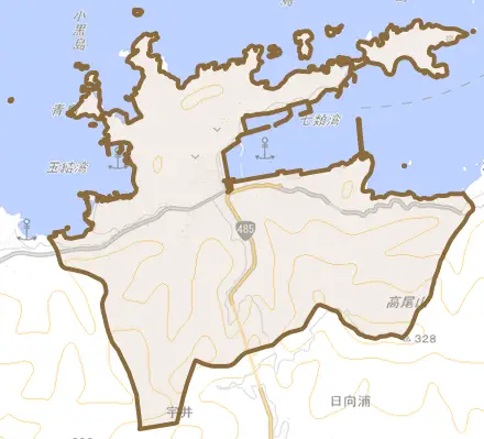 美保関町七類とその周辺の地図。町の範囲を重ねている