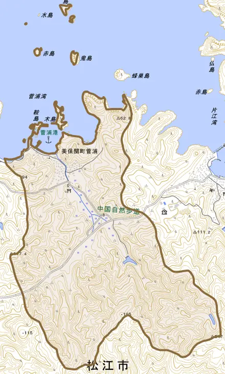 美保関町菅浦とその周辺の地図。町の範囲を重ねている