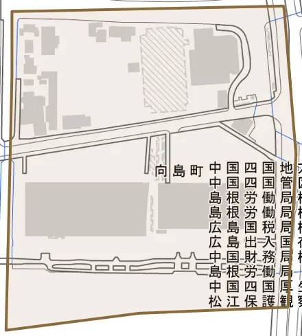 向島町とその周辺の地図。町の範囲を重ねている