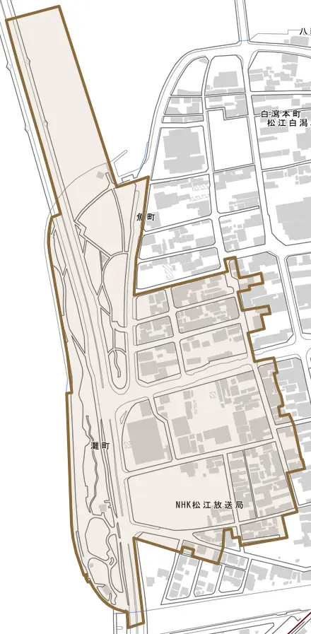 灘町とその周辺の地図。町の範囲を重ねている