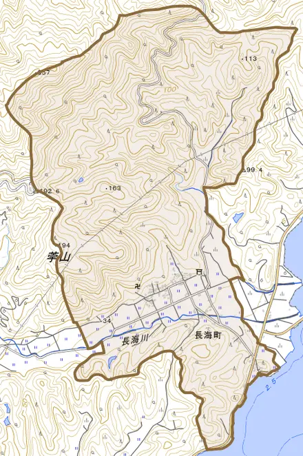 長海町とその周辺の地図。町の範囲を重ねている