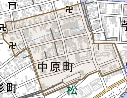 中原町とその周辺の地図。町の範囲を重ねている