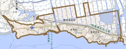 西浜佐陀町とその周辺の地図。町の範囲を重ねている