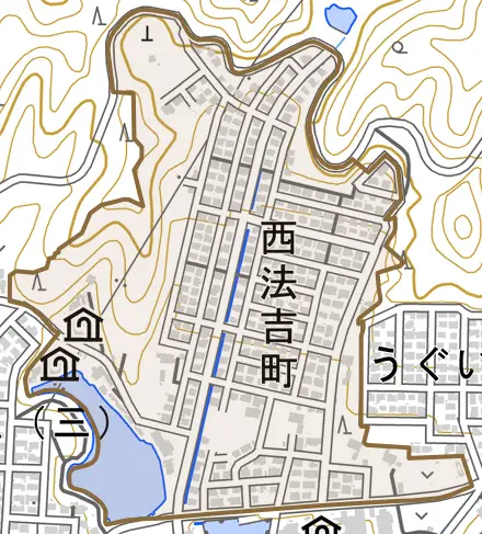 西法吉町とその周辺の地図。町の範囲を重ねている