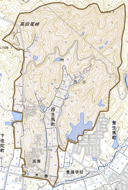 西生馬町とその周辺の地図。町の範囲を重ねている