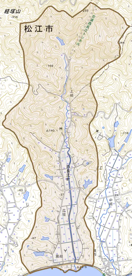西長江町とその周辺の地図。町の範囲を重ねている