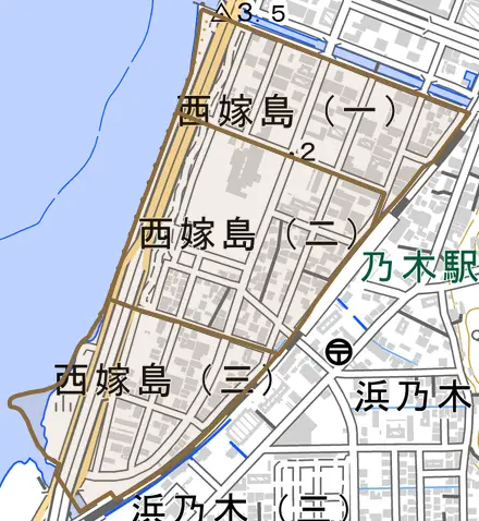 西嫁島とその周辺の地図。町の範囲を重ねている