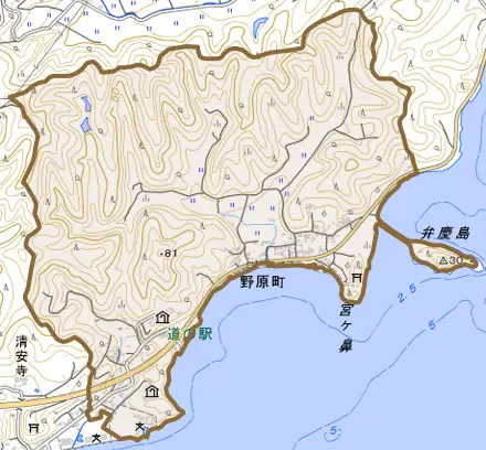 野原町とその周辺の地図。町の範囲を重ねている