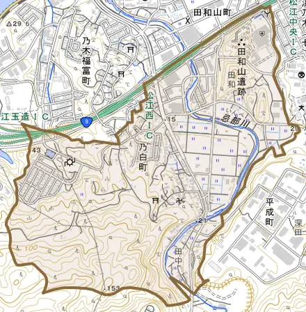 乃白町とその周辺の地図。町の範囲を重ねている