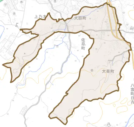 大庭町とその周辺の地図。町の範囲を重ねている